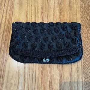 Vintage Black Beaded Evening Clutch Bag Fold-over Purse Cocktail Party Dinner
